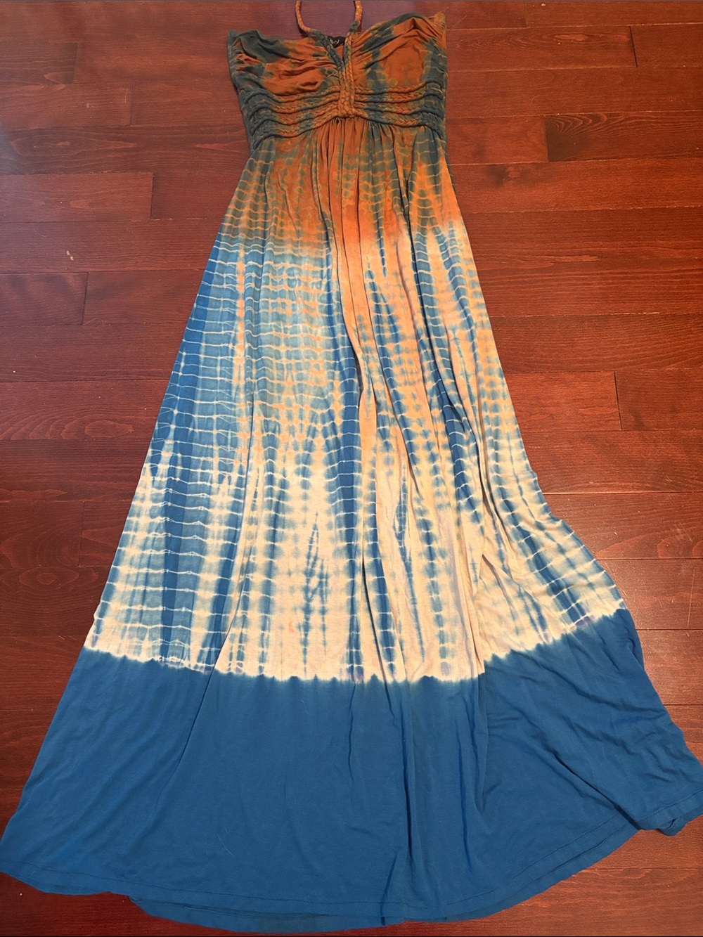 Sky Blue and Orange Braided Strap Maxi Dress